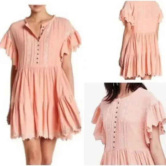 Free People Embroidered Santiago Flowing Cotton Babydoll Dress w Pockets